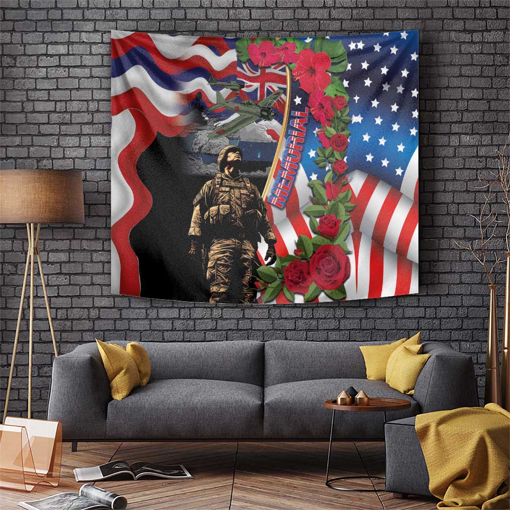 Memorial Day tapestry with US and Hawaii flags, soldier portrait, and red roses