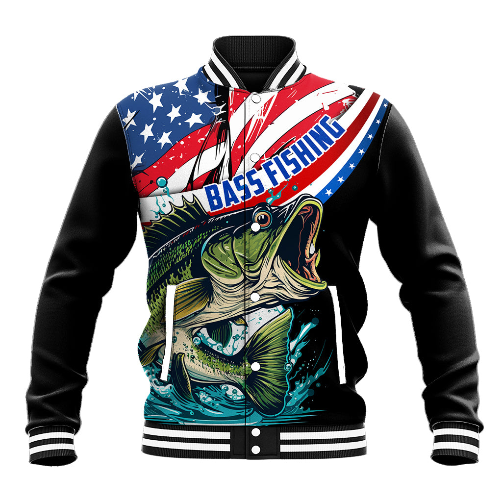 Black baseball jacket with striped rib trim, bass and American flag graphic on front