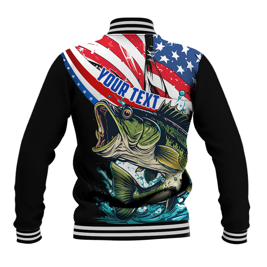 Black baseball jacket with striped rib trim, bass graphic and American flag on back