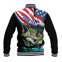 Black baseball jacket with striped rib trim, bass graphic and American flag on back