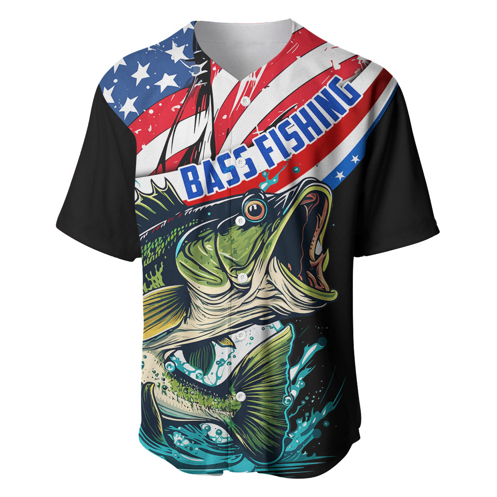 Black baseball jersey with American flag bass and fish graphic on front