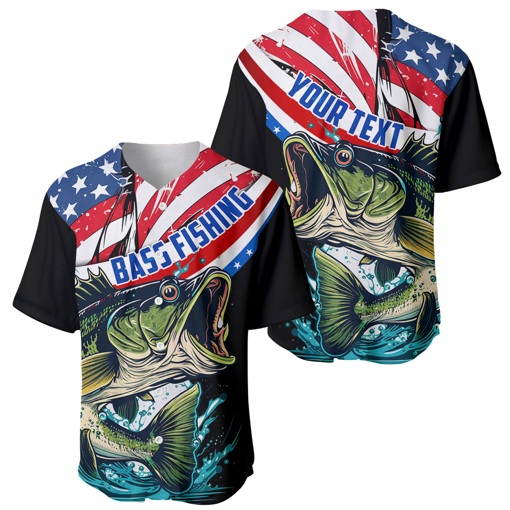 Two black baseball jerseys with American flag bass and fish graphics