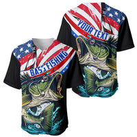 Two black baseball jerseys with American flag bass and fish graphics