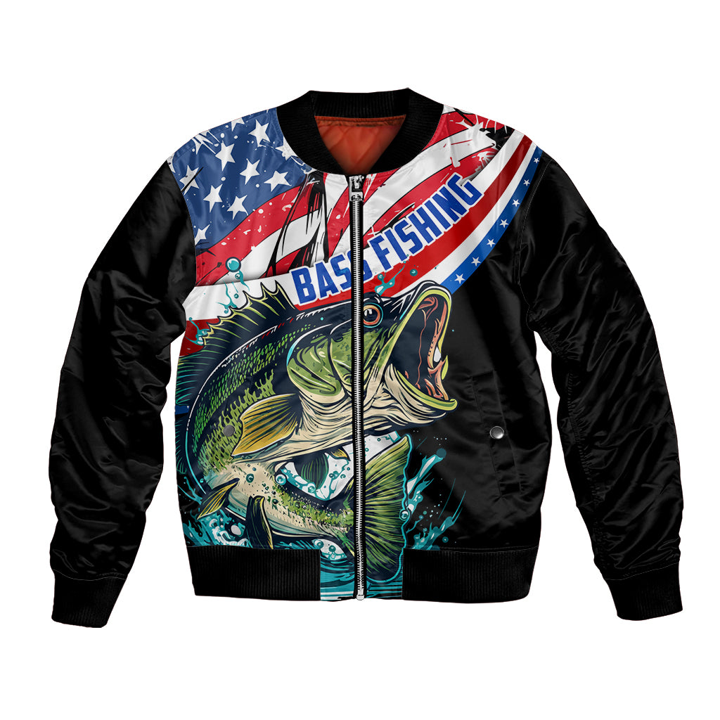 Black bomber jacket with zip front, bass graphic, American flag front print
