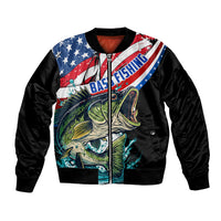 Black bomber jacket with zip front, bass graphic, American flag front print