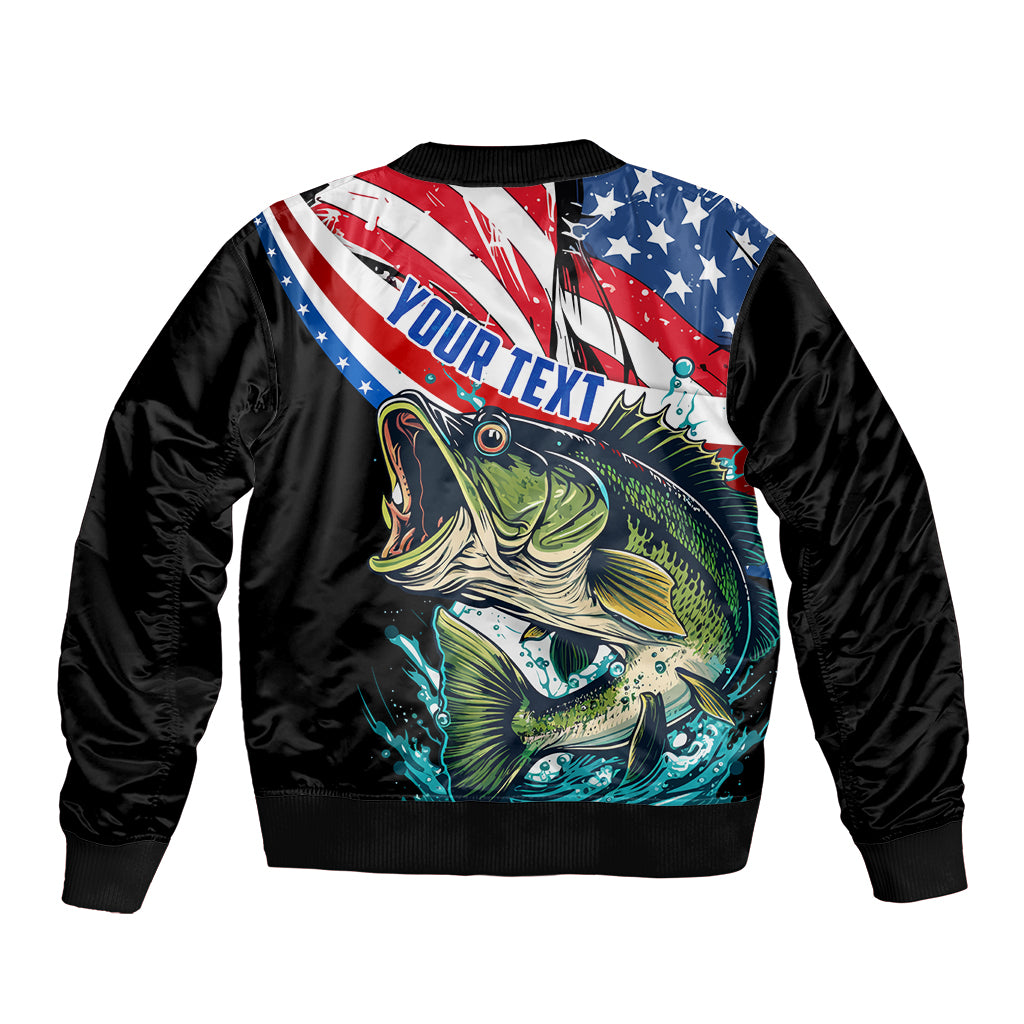 Black bomber jacket with ribbed collar, bass graphic, American flag back print