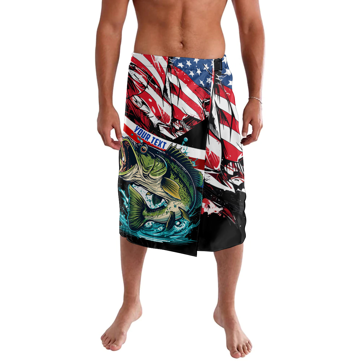 Men's swim shorts with American flag and bass fish graphic, custom text panel
