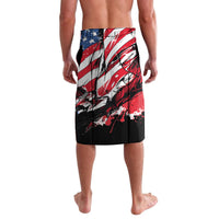 Men's swim shorts, back view, American flag print with red splatter and black hem