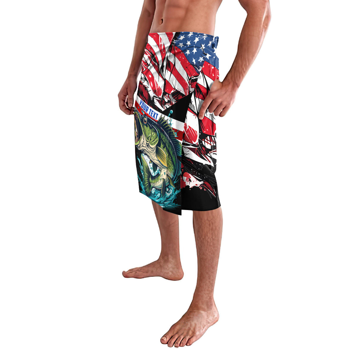 Men's swim shorts with American flag print and large bass fish graphic, side view