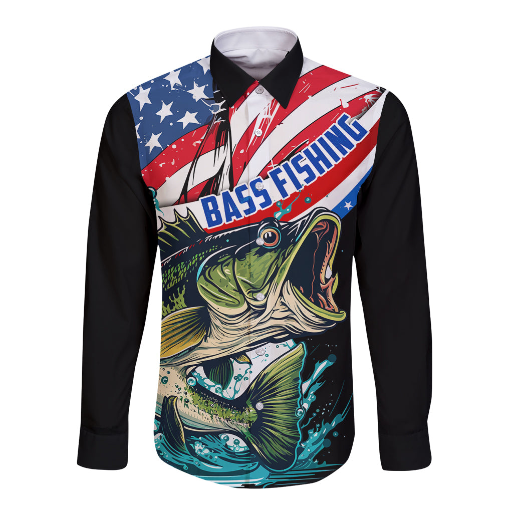 Black long-sleeve button shirt with American flag bass fishing graphic