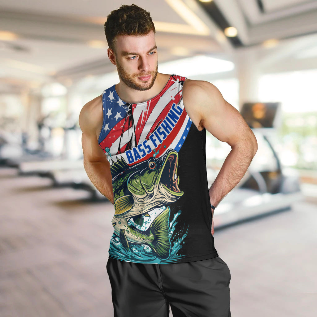 Personalized Bass Fishing Men Tank Top With American Flag - Wonder Print Shop