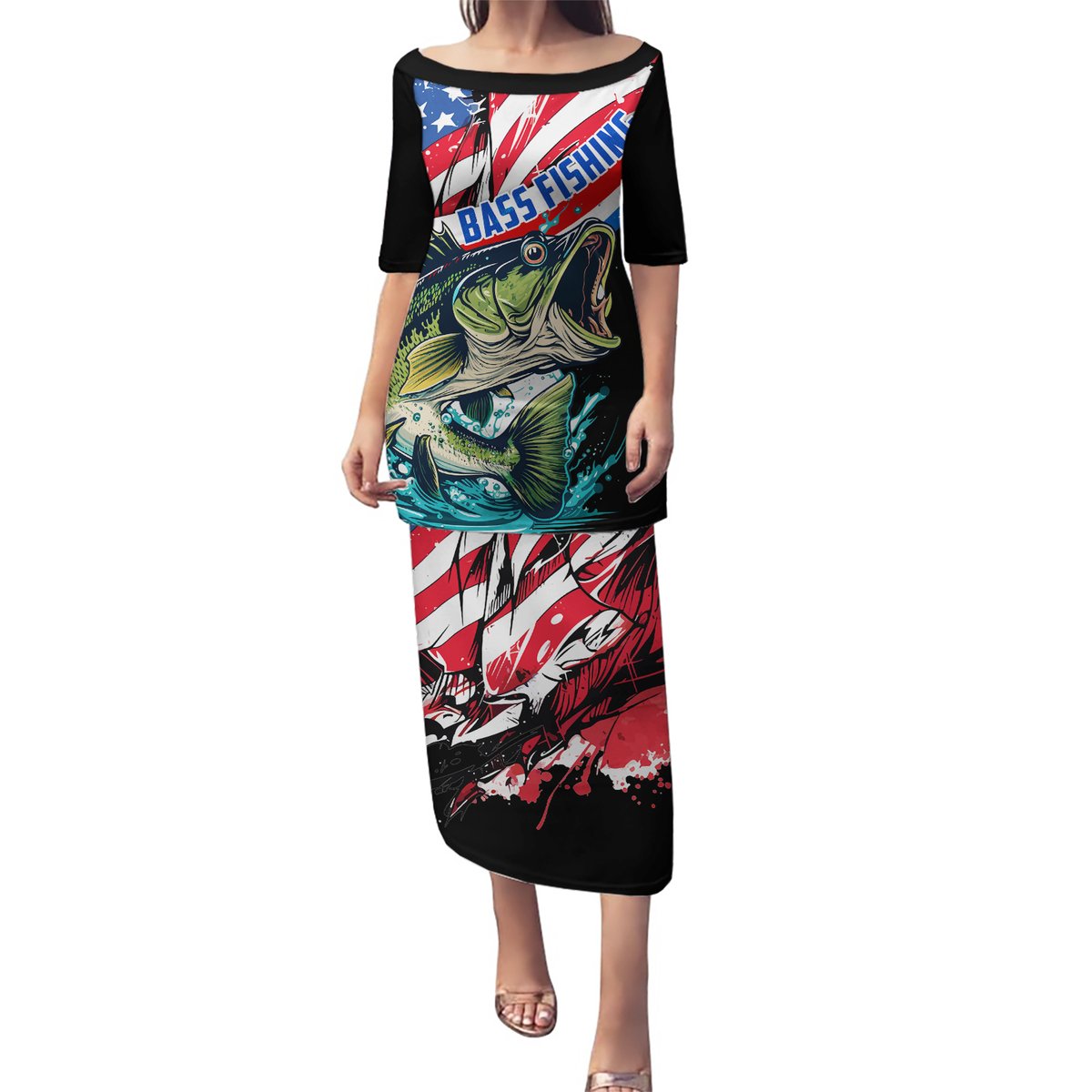 Black long dress with bass-fishing graphic, American flag background, and BASSFISHING text