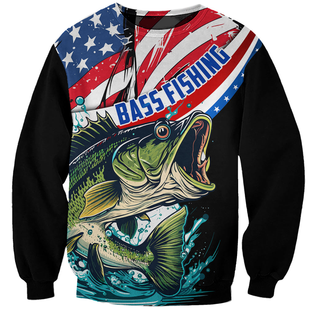 Black unisex sweatshirt with bass fishing graphic and American flag, front text