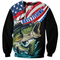 Black unisex sweatshirt with bass fishing graphic and American flag, front text