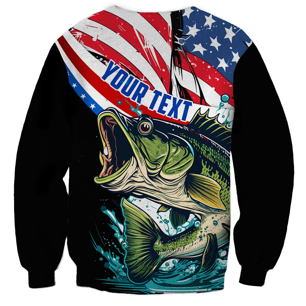 Black unisex sweatshirt with bass fishing graphic, American flag banner and your text