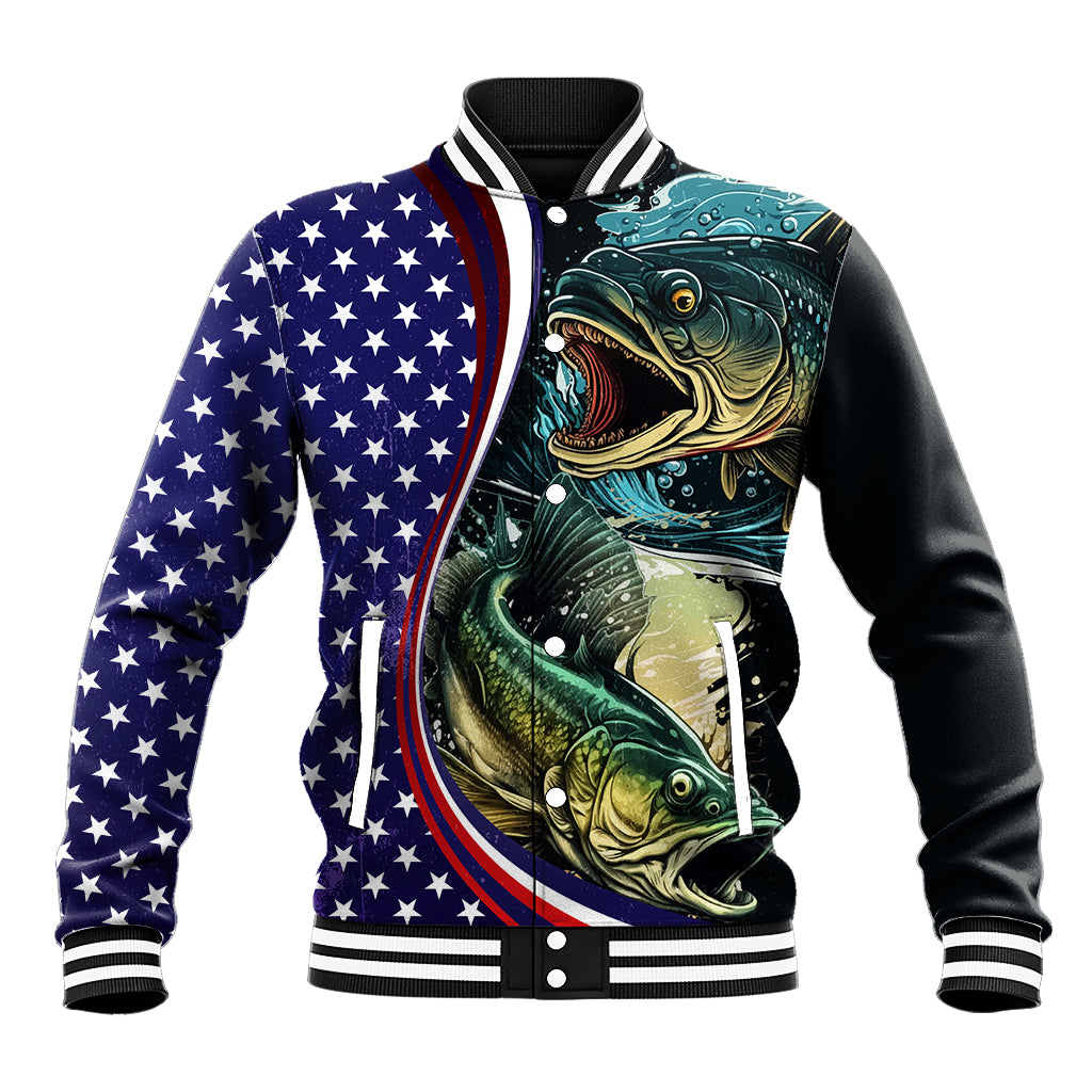 Black baseball jacket with bass fish artwork, varsity stars and striped sleeves