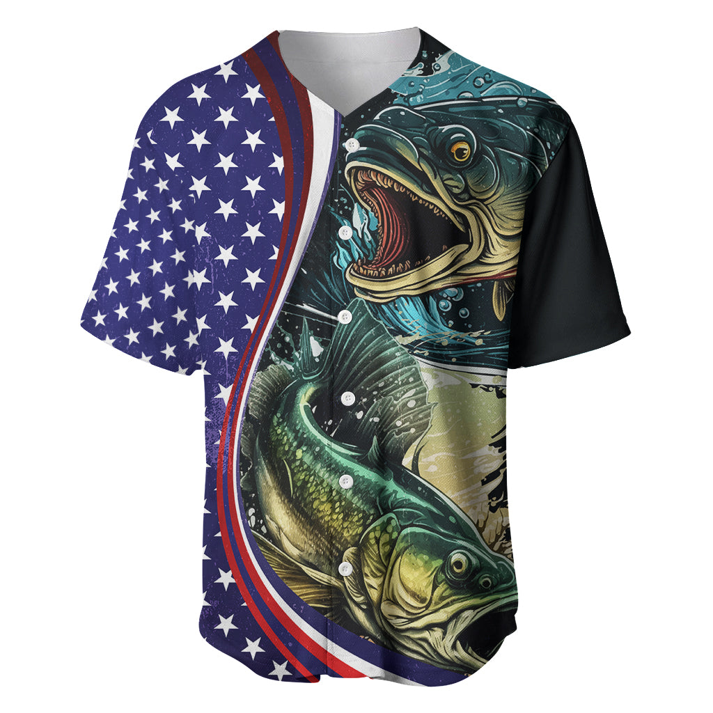 Bass fishing baseball jersey, black with stars and stripes and bass fish artwork