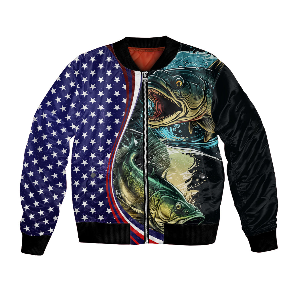Black bomber jacket with fish graphic, American flag stars, ribbed cuffs and hem