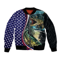 Black bomber jacket with fish graphic, American flag stars, ribbed cuffs and hem