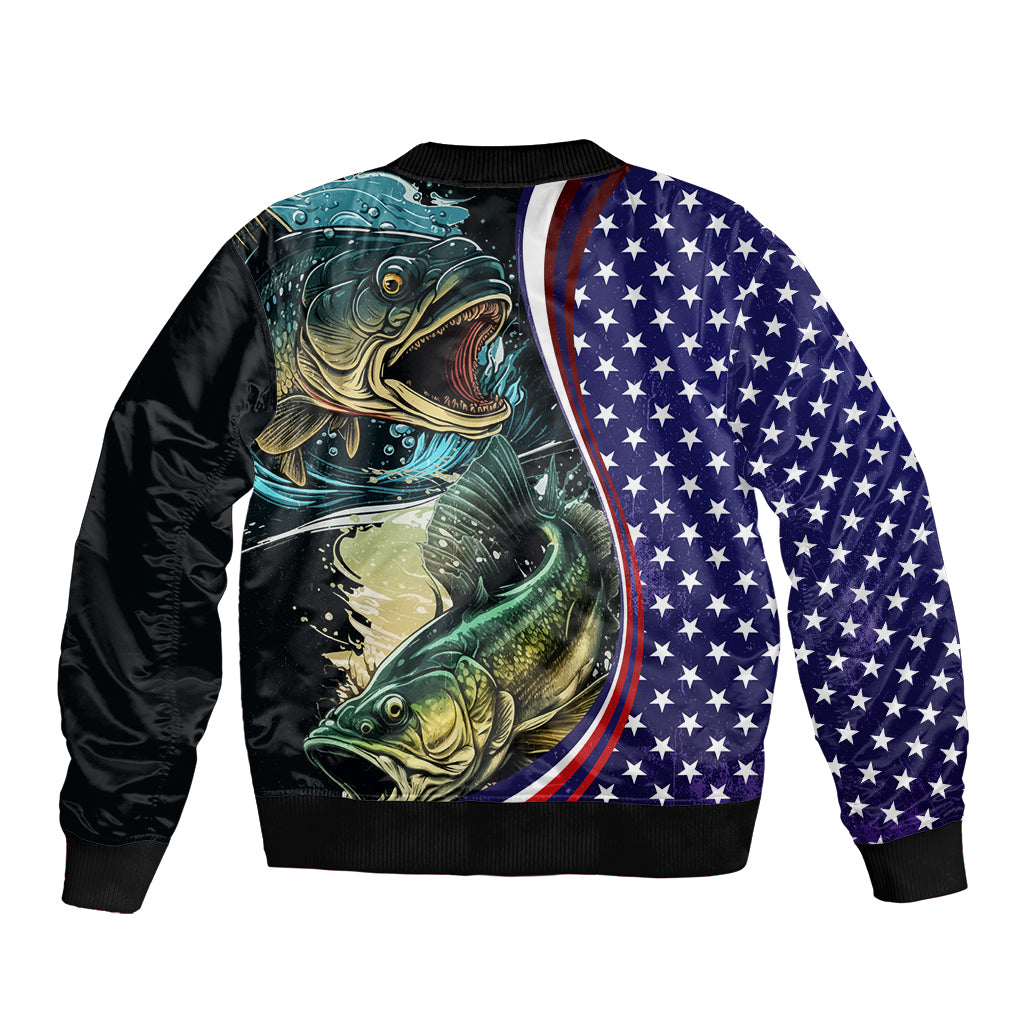Black bomber jacket with teal bass artwork and stars on sleeves, ribbed collar