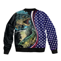 Black bomber jacket with teal bass artwork and stars on sleeves, ribbed collar