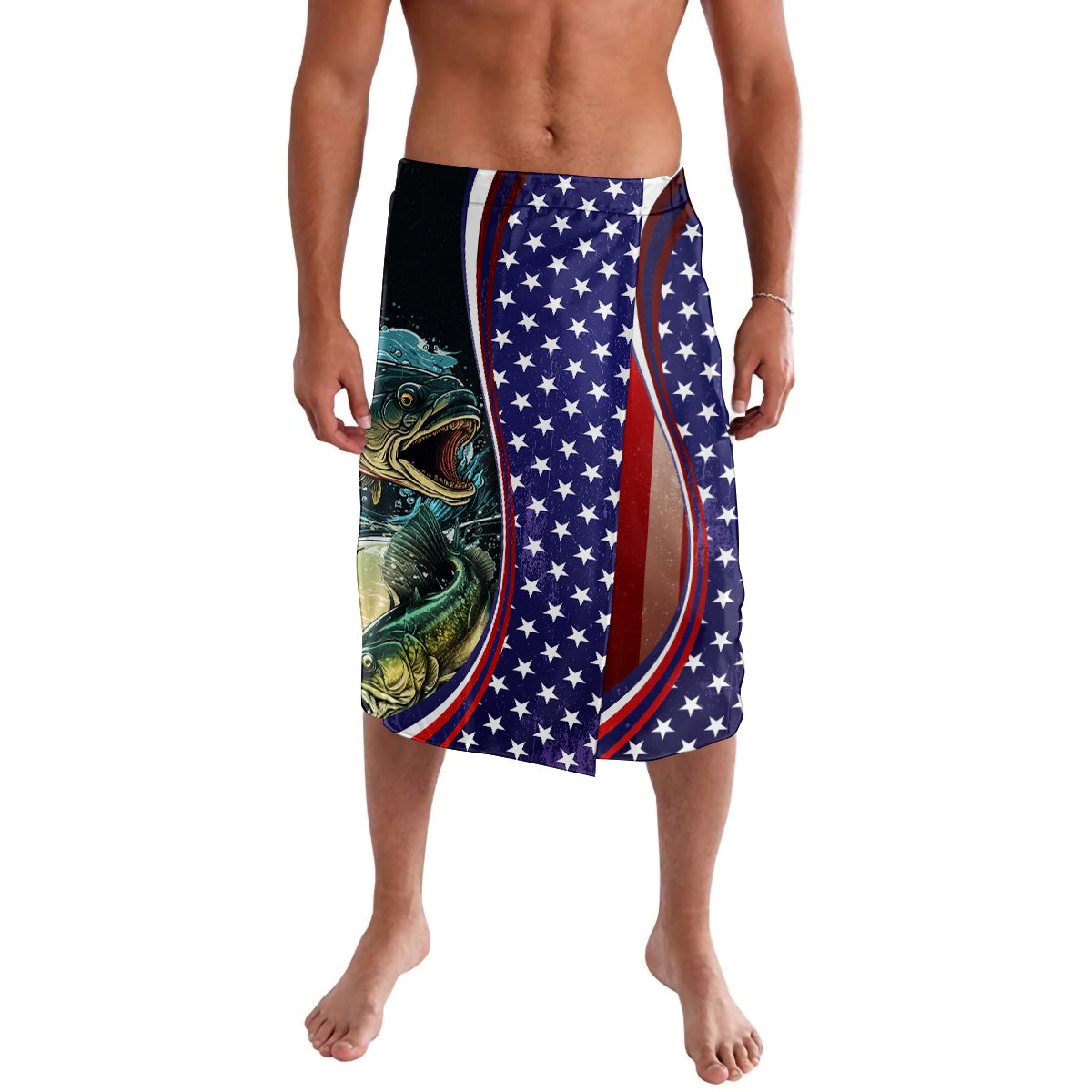 USA flag fishing shorts with largemouth bass graphic panel, navy red and white