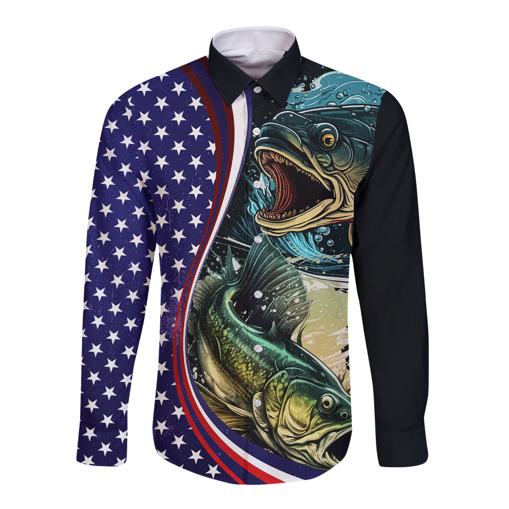 Unisex long-sleeve button shirt with patriotic stars panel and large bass print