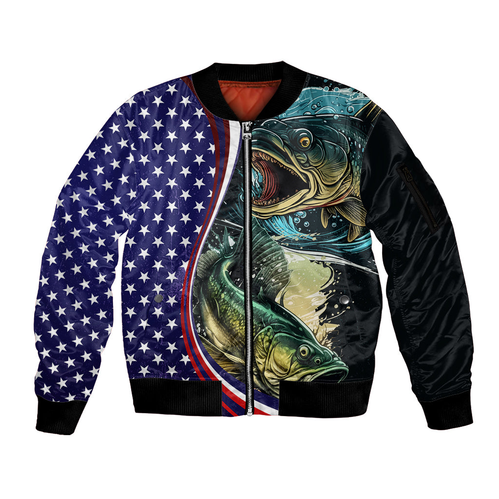 Black bomber jacket with zip front, ribbed cuffs, bass-and-stars graphic panels