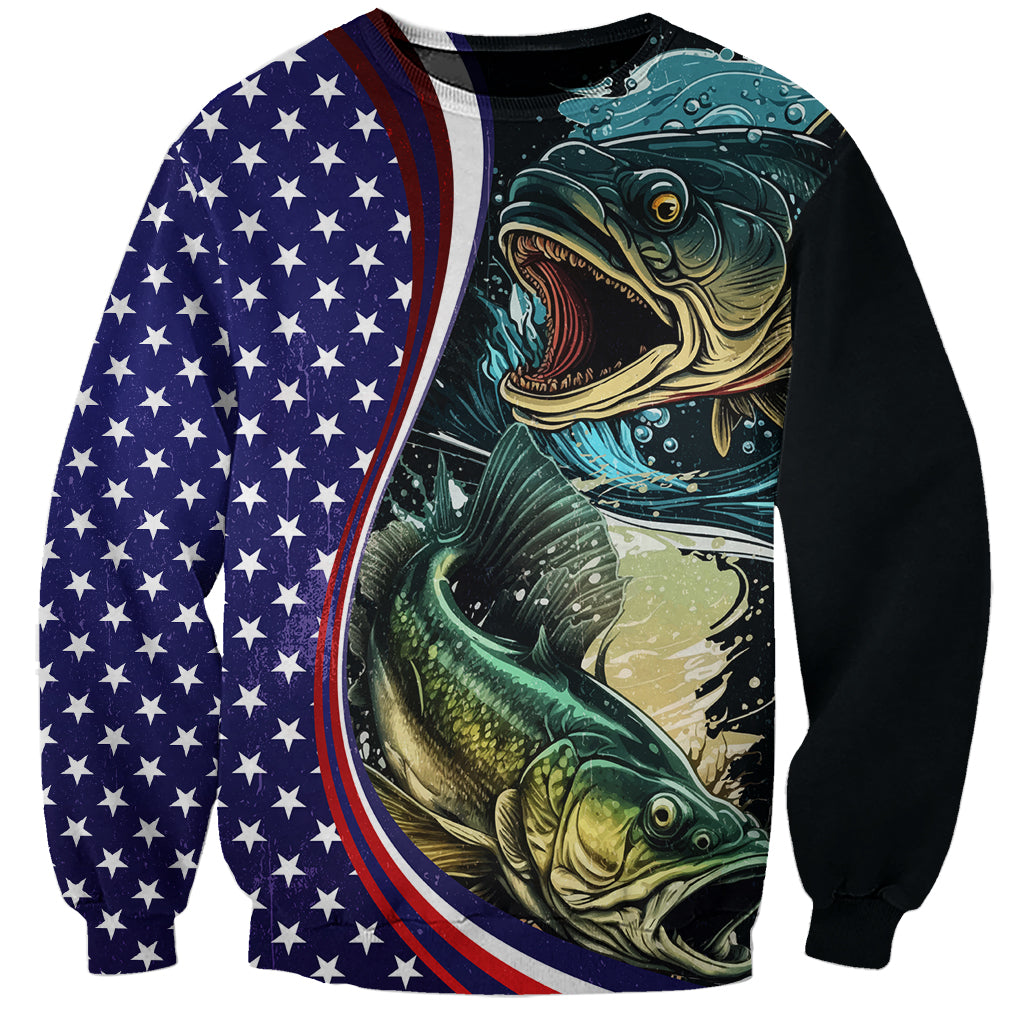Unisex black bass fishing sweatshirt with double largemouth bass graphic and stars stripe sleeves