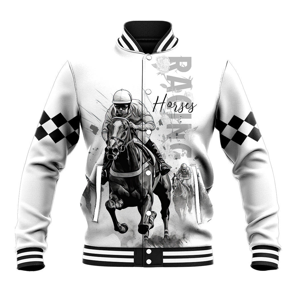White baseball jacket with black checker sleeves and horse jockey front graphic