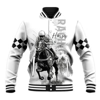 White baseball jacket with black checker sleeves and horse jockey front graphic