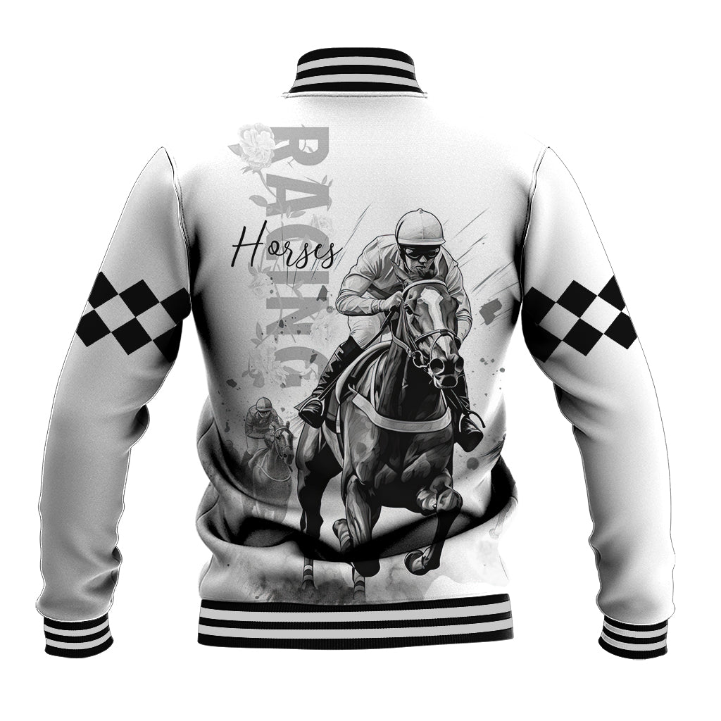 White baseball jacket with black checker sleeves and horse jockey back graphic