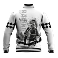 White baseball jacket with black checker sleeves and horse jockey back graphic