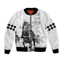 Unisex white bomber jacket with black rib cuffs, front zip, checkered sleeves, horse jockey graphic