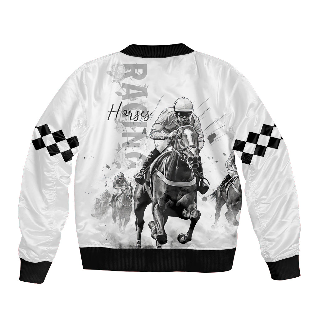 Unisex white bomber jacket with back horse jockey print, checkered sleeves, black rib hem
