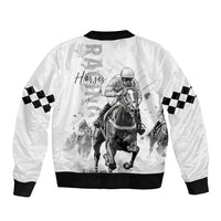 Unisex white bomber jacket with back horse jockey print, checkered sleeves, black rib hem