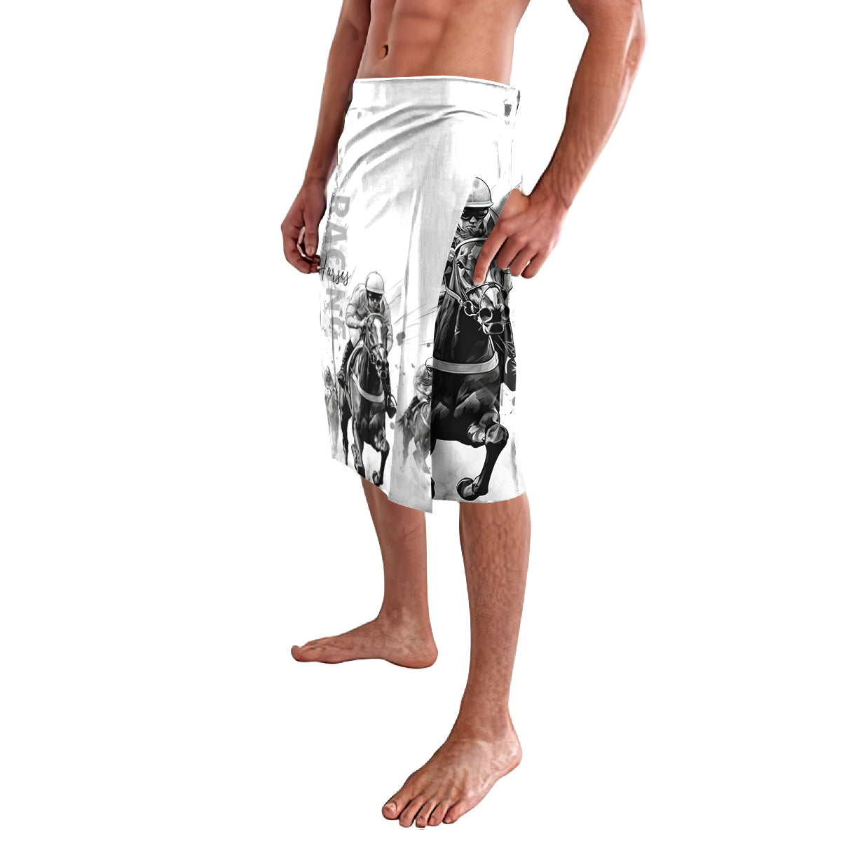 White shorts with black-and-gray jockey and horse print, side view