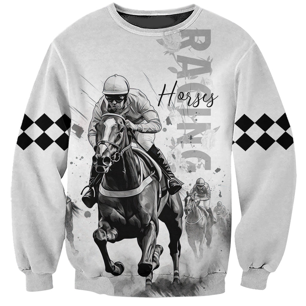 Unisex light-gray sweatshirt with jockey and horse graphic, checkered sleeve accents
