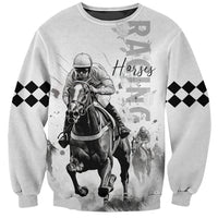 Unisex light-gray sweatshirt with jockey and horse graphic, checkered sleeve accents