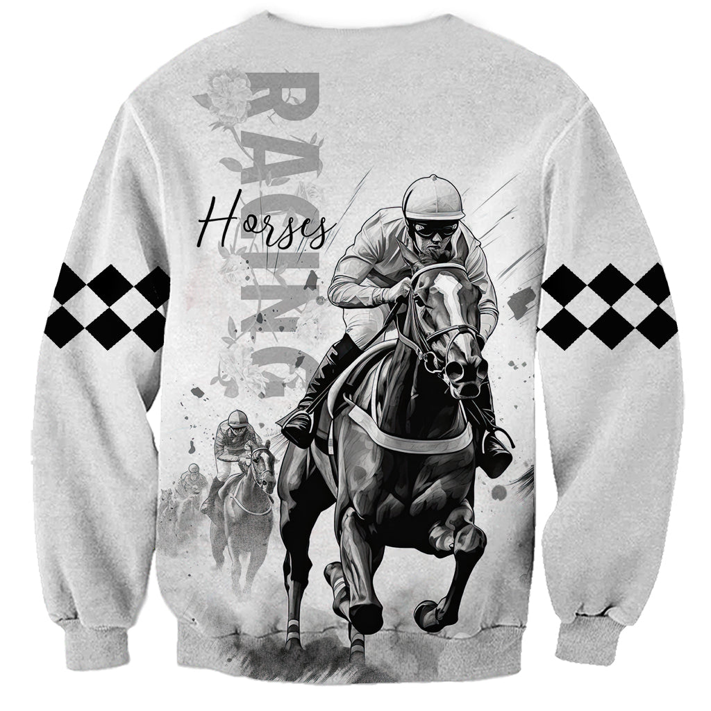 Unisex light-gray sweatshirt, back view: jockey on horse with race typography and checkered cuffs