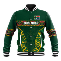 Green button-front rugby baseball jacket with striped collar, South Africa flag and emblem
