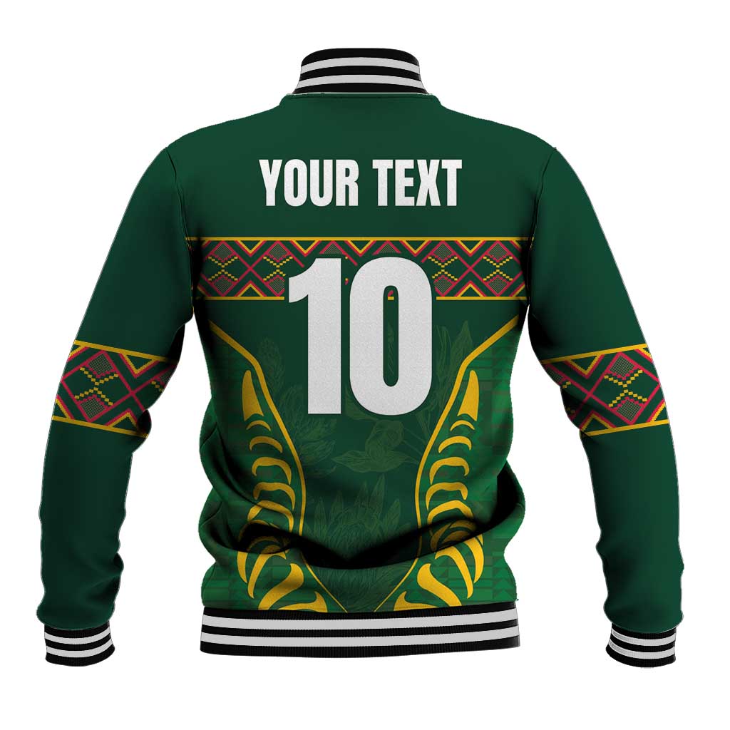 Green rugby baseball jacket back with striped ribs, YOUR TEXT, number 10 and gold graphics