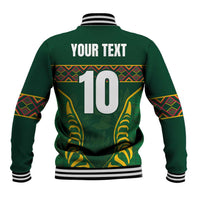 Green rugby baseball jacket back with striped ribs, YOUR TEXT, number 10 and gold graphics