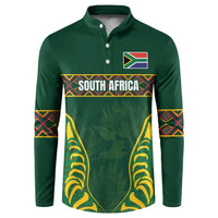 Green long-sleeve button sweatshirt with chest South Africa flag graphic