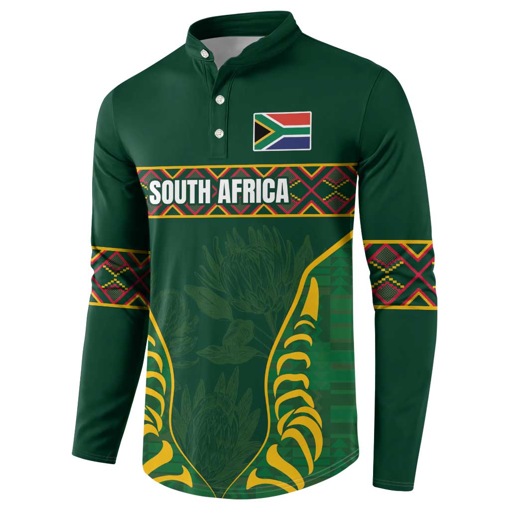 Green long-sleeve button sweatshirt with South Africa flag and large crest graphic