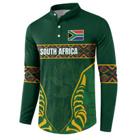 Green long-sleeve button sweatshirt with South Africa flag and large crest graphic