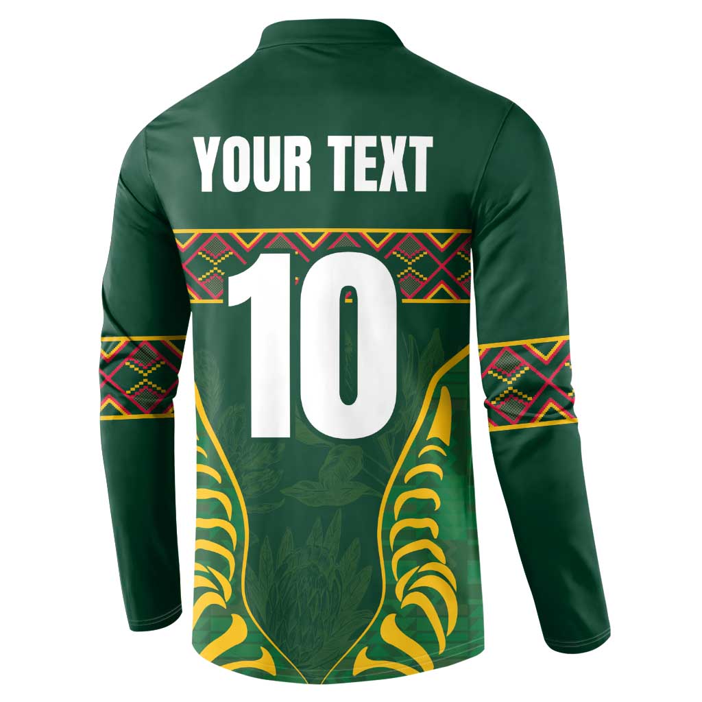 Green long-sleeve button sweatshirt with back text 'YOUR TEXT' and number 10