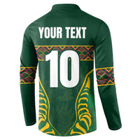 Green long-sleeve button sweatshirt with back text 'YOUR TEXT' and number 10