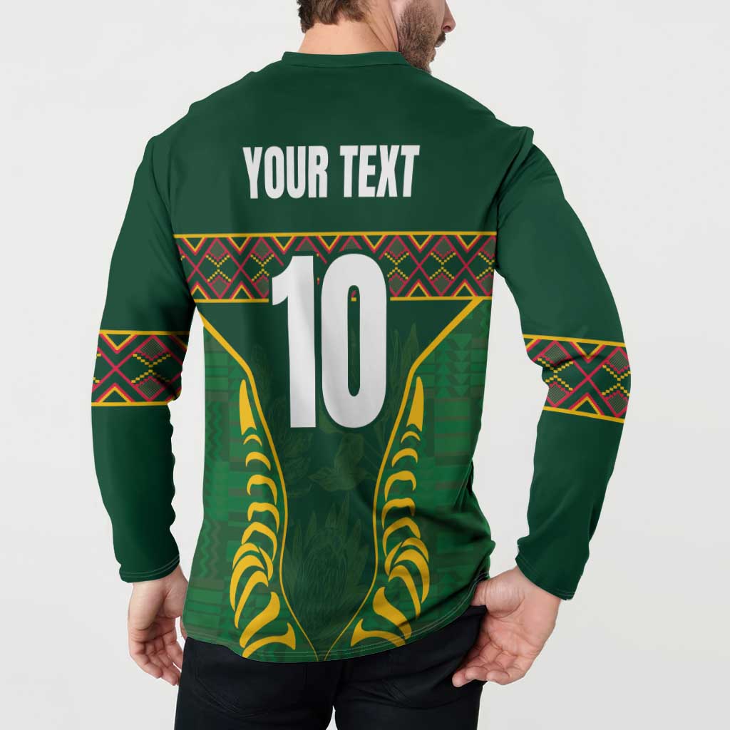 Green long-sleeve button sweatshirt with centered back print 'YOUR TEXT' and 10