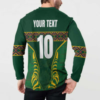 Green long-sleeve button sweatshirt with centered back print 'YOUR TEXT' and 10